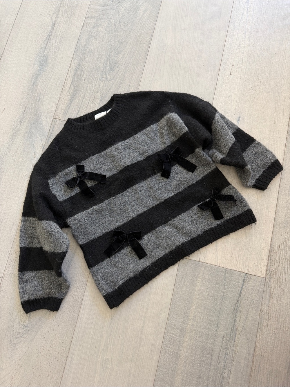 Zara Black & Gray Striped Sweater with Bow Accents